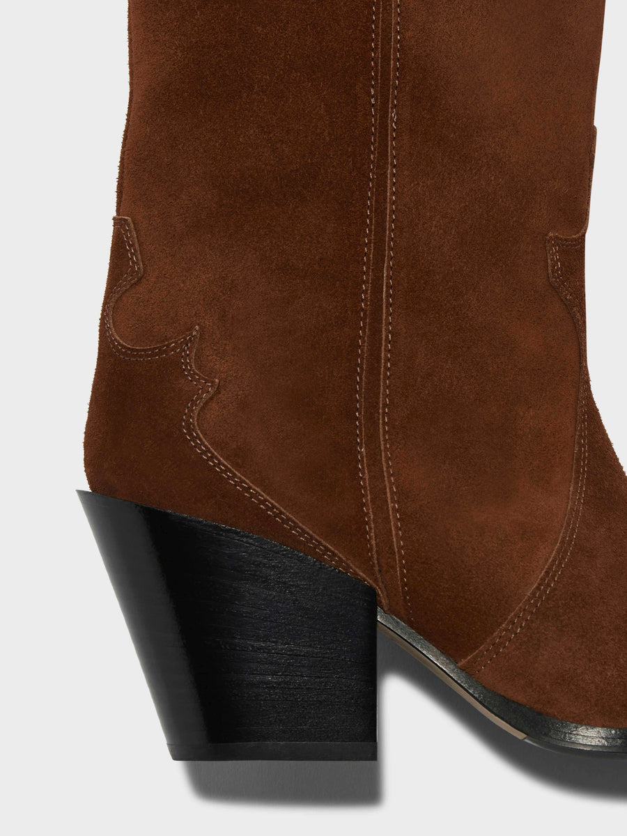 Aeyde | Ariel Suede Cowboy Boots Leather Ankle Boots for Women | Brown Suede | Pointed Toe | High Heel | Front View