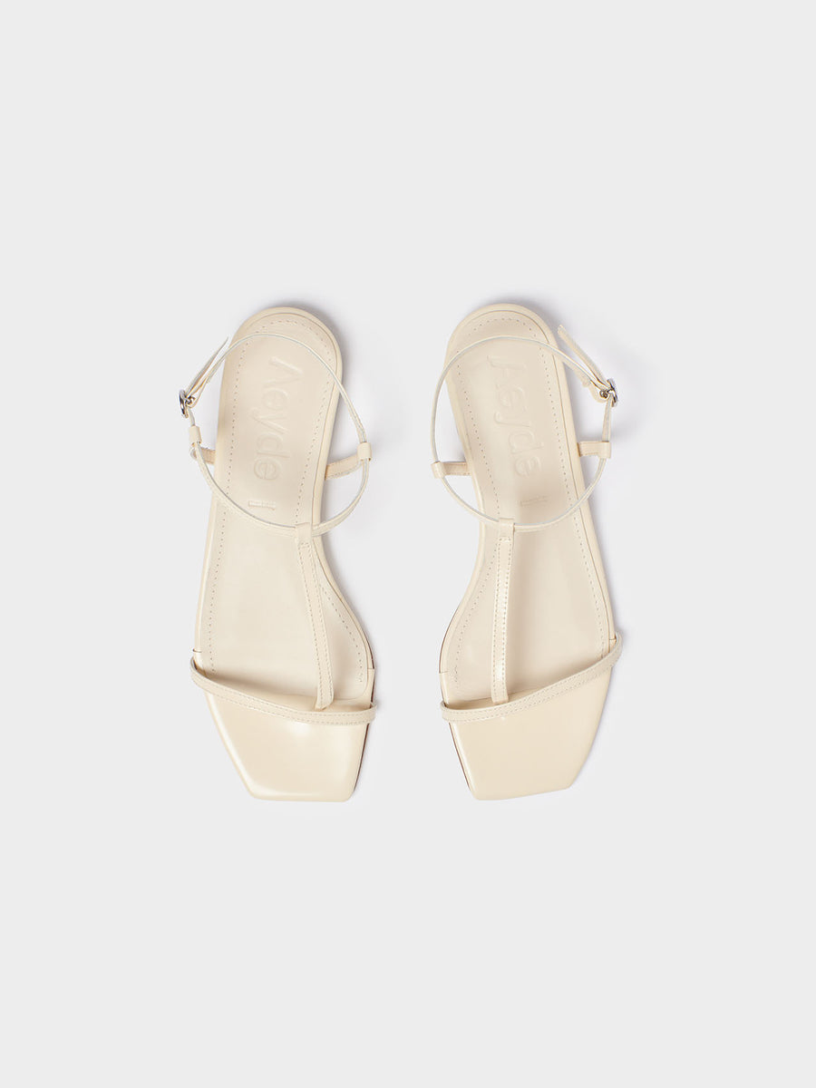 Aeyde | Artis Leather T-Bar Sandals Leather Flat Sandals for Women | Creamy Polido | Square Toe | Flat Heel | Heel Details
