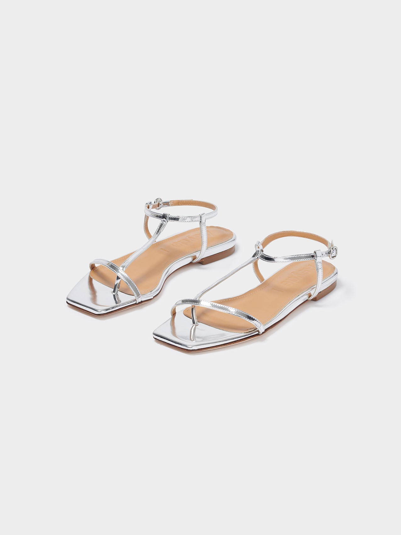 Aeyde | Artis Leather T-Bar Sandals Leather Flat Sandals for Women | Silver Specchio | Square Toe | Flat Heel | Luxury Materials | Handmade in Italy