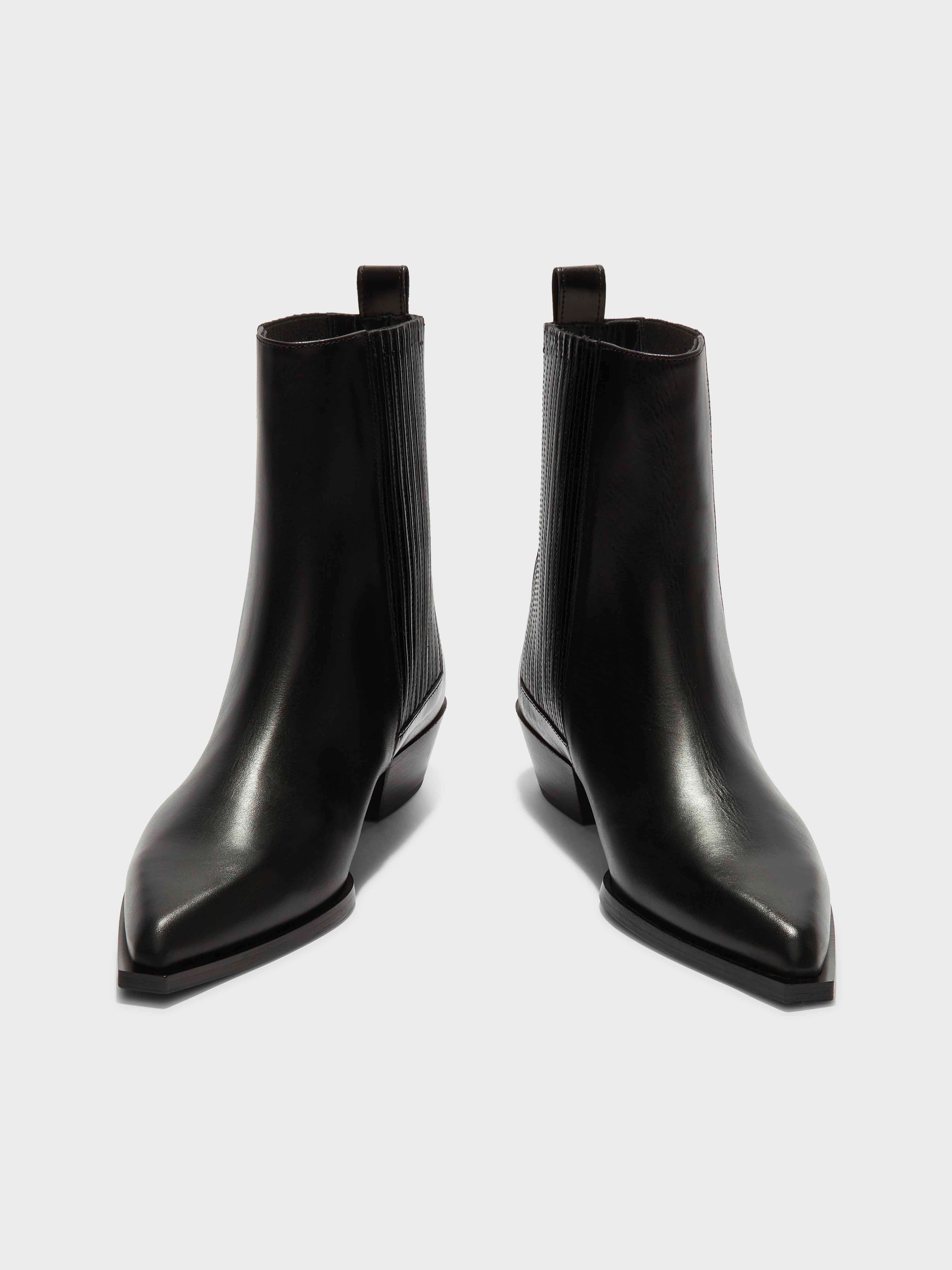 Aeyde | Belinda Leather Cowboy Boots Leather Ankle Boots for Women | Black Calf | Pointed Toe | Low Heel | Front View