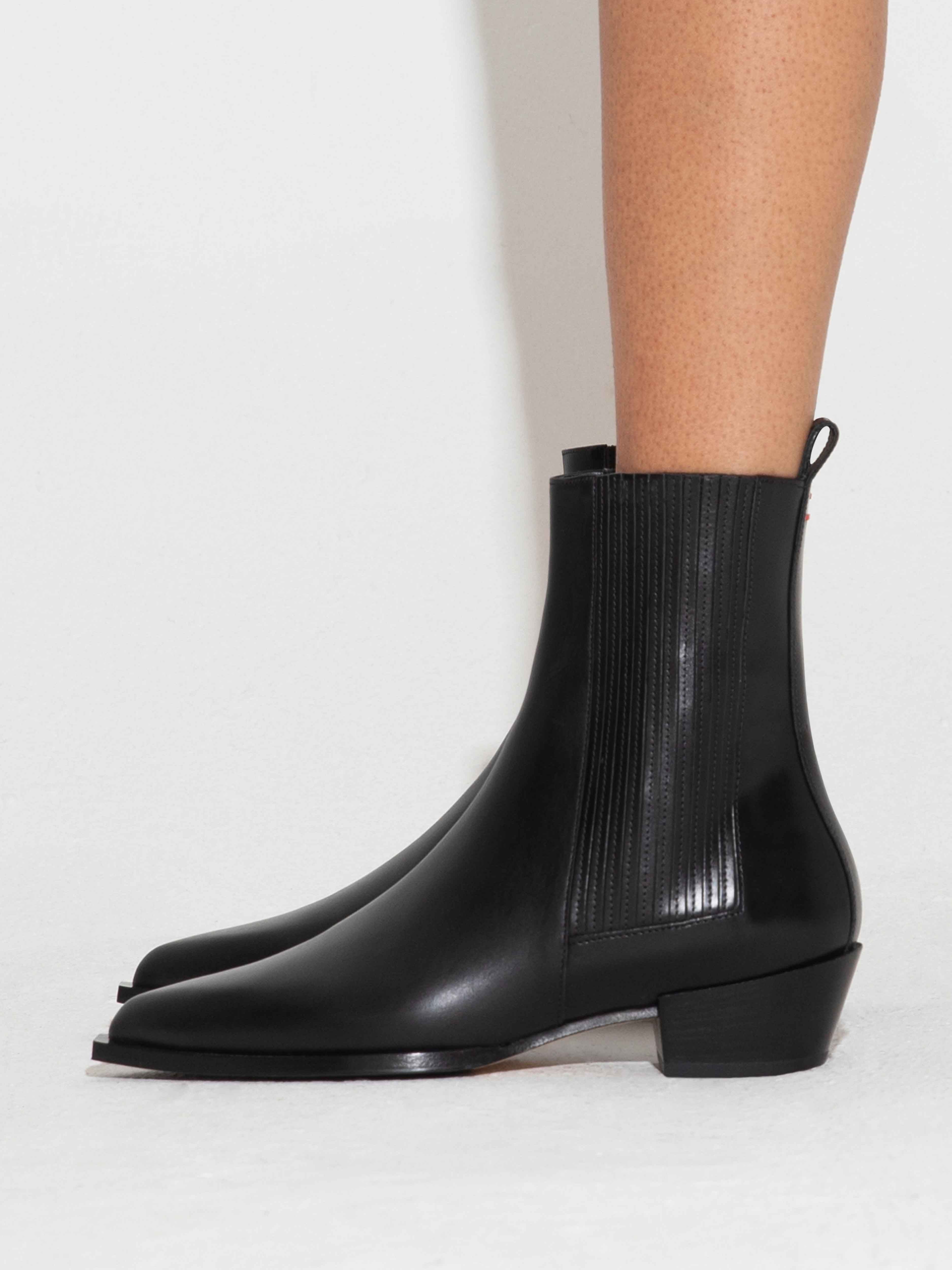 Aeyde | Belinda Leather Cowboy Boots Leather Ankle Boots for Women | Black Calf | Pointed Toe | Low Heel | How to Style