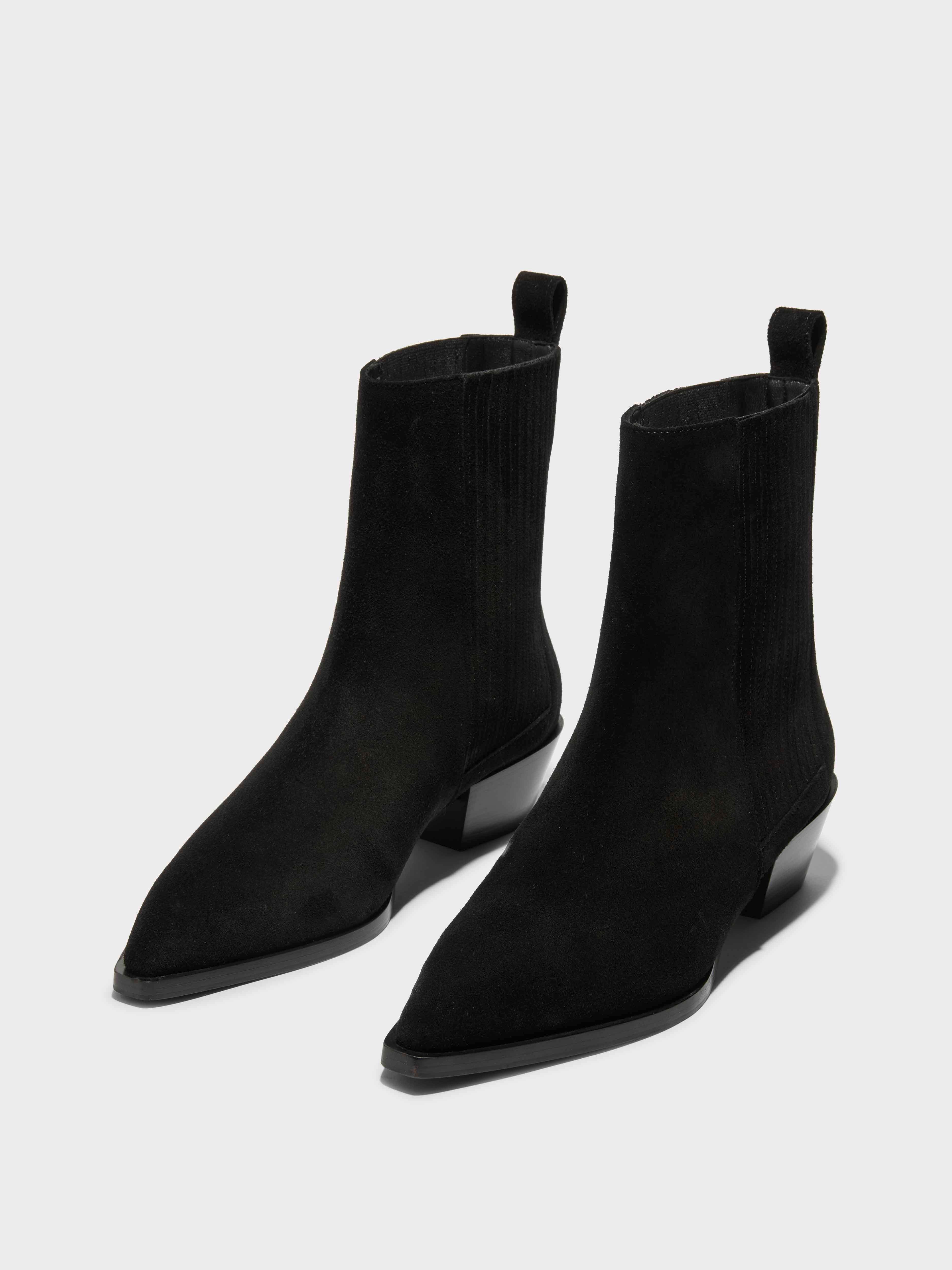 Aeyde | Belinda Suede Cowboy Boots Leather Ankle Boots for Women | Black Suede | Pointed Toe | Low Heel | On Feet