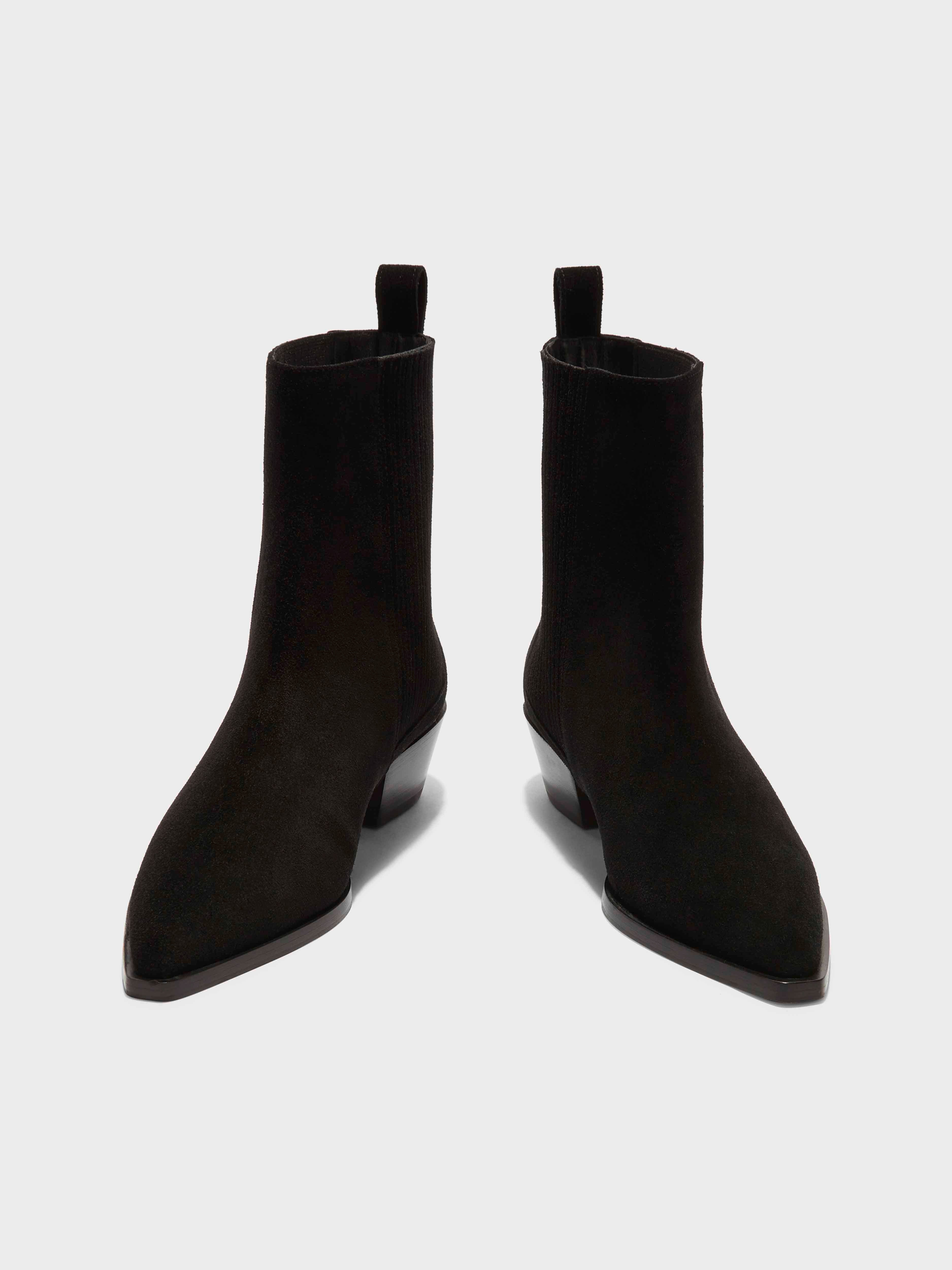 Aeyde | Belinda Suede Cowboy Boots Leather Ankle Boots for Women | Black Suede | Pointed Toe | Low Heel | Front View