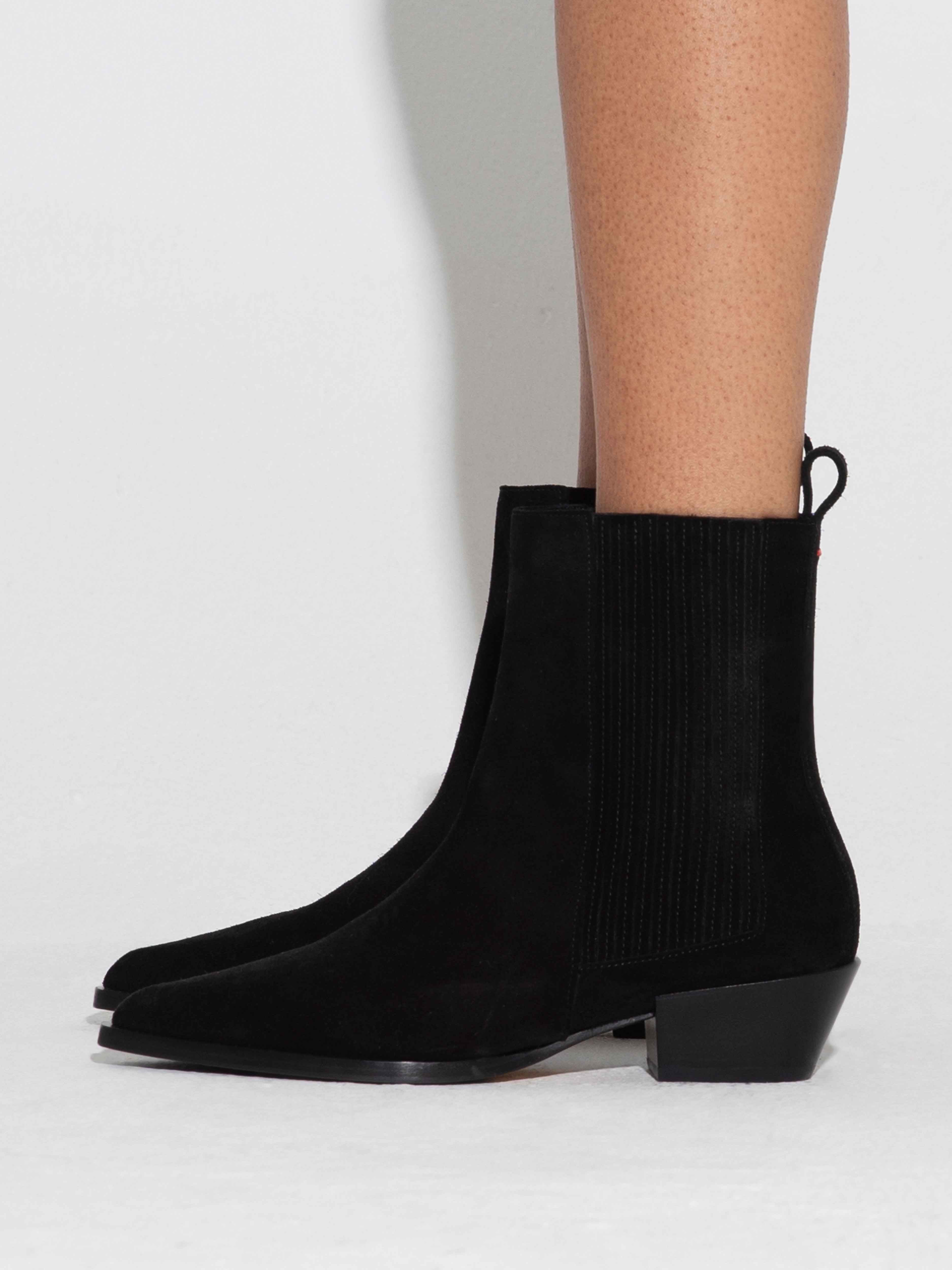 Aeyde | Belinda Suede Cowboy Boots Leather Ankle Boots for Women | Black Suede | Pointed Toe | Low Heel | How to Style