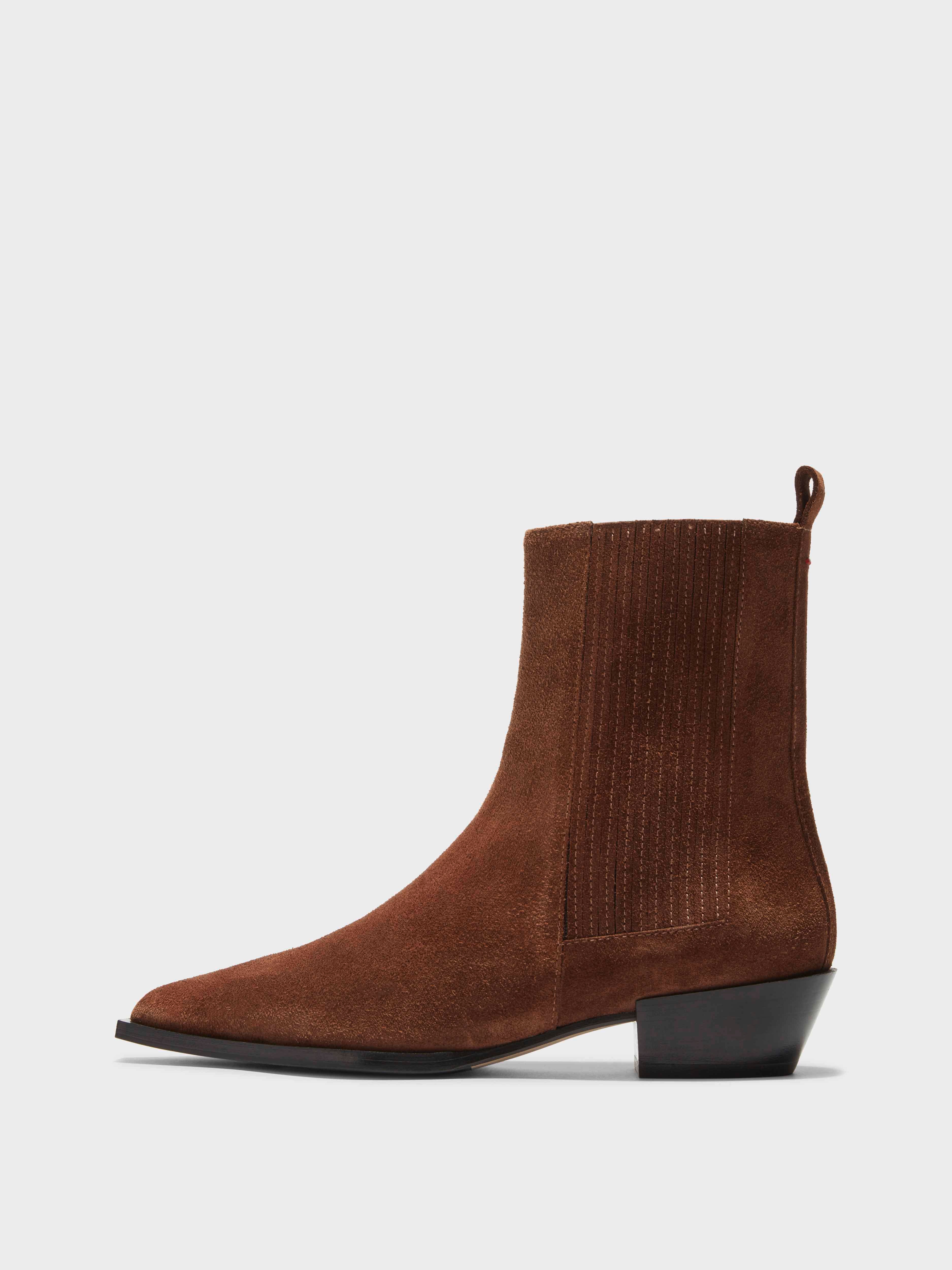 Aeyde | Belinda Suede Cowboy Boots Leather Ankle Boots for Women | Brown Suede | Pointed Toe | Low Heel | Side View