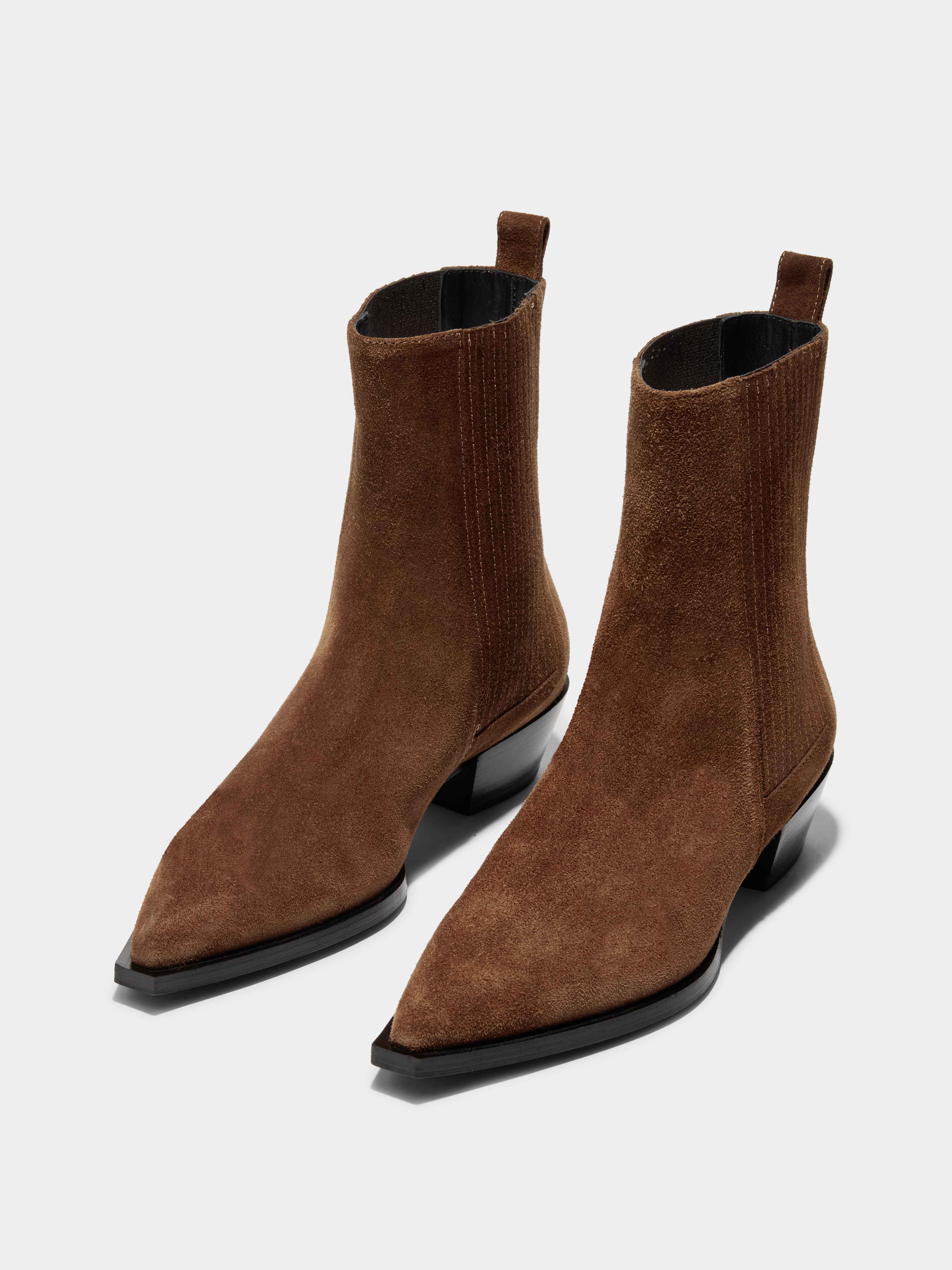 Aeyde | Belinda Suede Cowboy Boots Leather Ankle Boots for Women | Brown Suede | Pointed Toe | Low Heel | On Feet