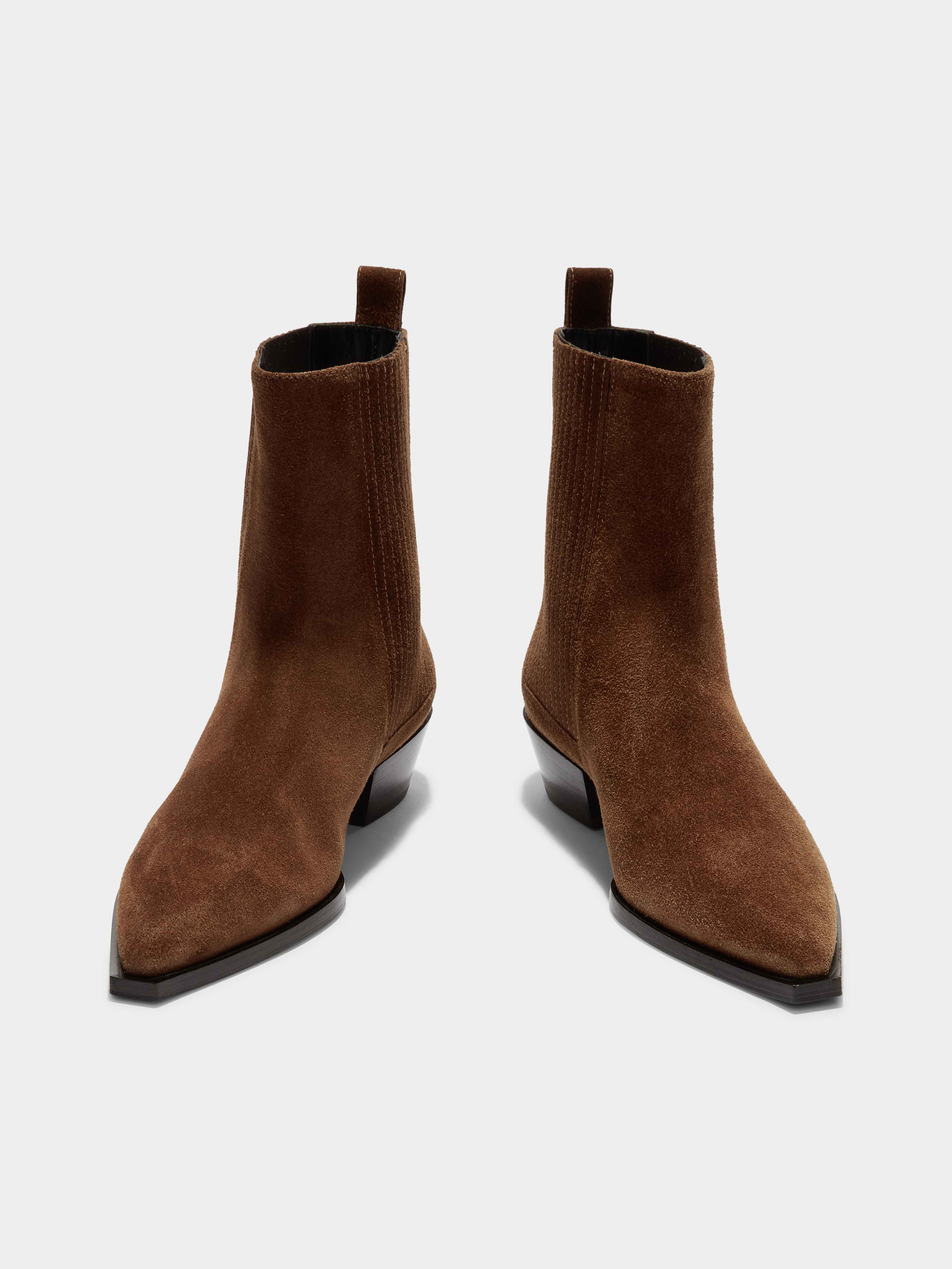 Aeyde | Belinda Suede Cowboy Boots Leather Ankle Boots for Women | Brown Suede | Pointed Toe | Low Heel | Front View