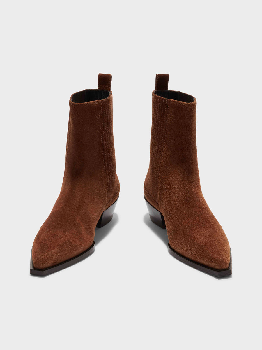 Aeyde | Belinda Suede Cowboy Boots Leather Ankle Boots for Women | Brown Suede | Pointed Toe | Low Heel | Front View