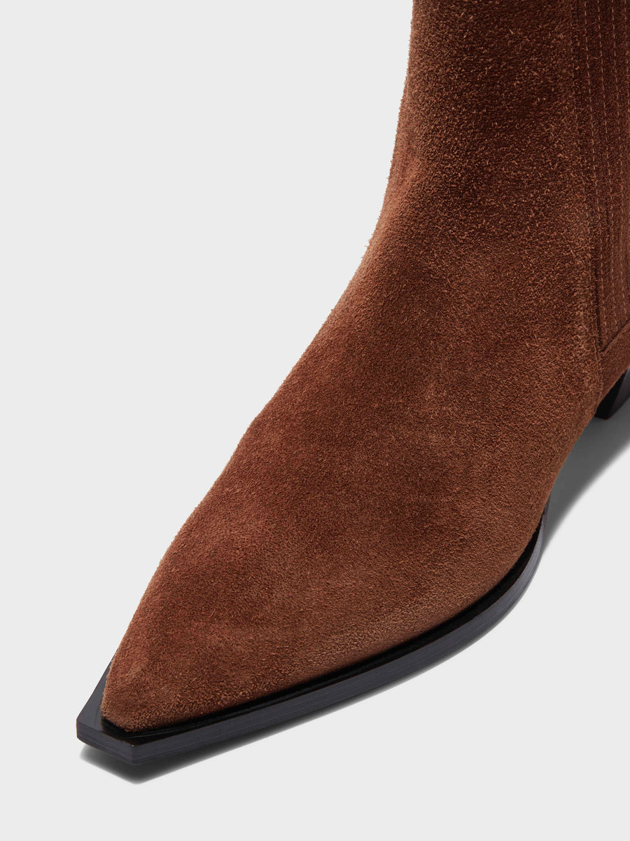 Aeyde | Belinda Suede Cowboy Boots Leather Ankle Boots for Women | Brown Suede | Pointed Toe | Low Heel | Luxury Materials | Handmade in Italy