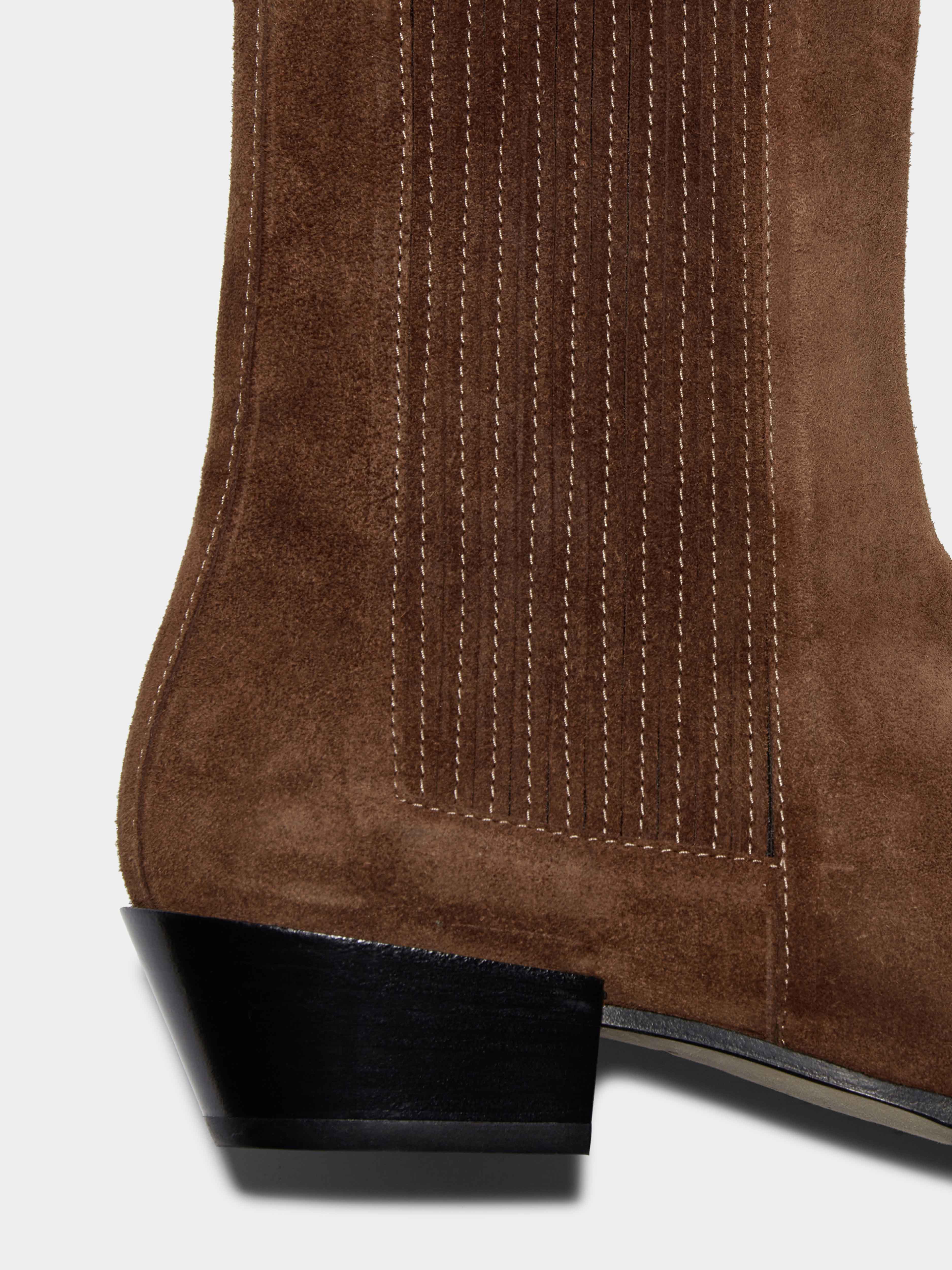Aeyde | Belinda Suede Cowboy Boots Leather Ankle Boots for Women | Brown Suede | Pointed Toe | Low Heel | Heel Details