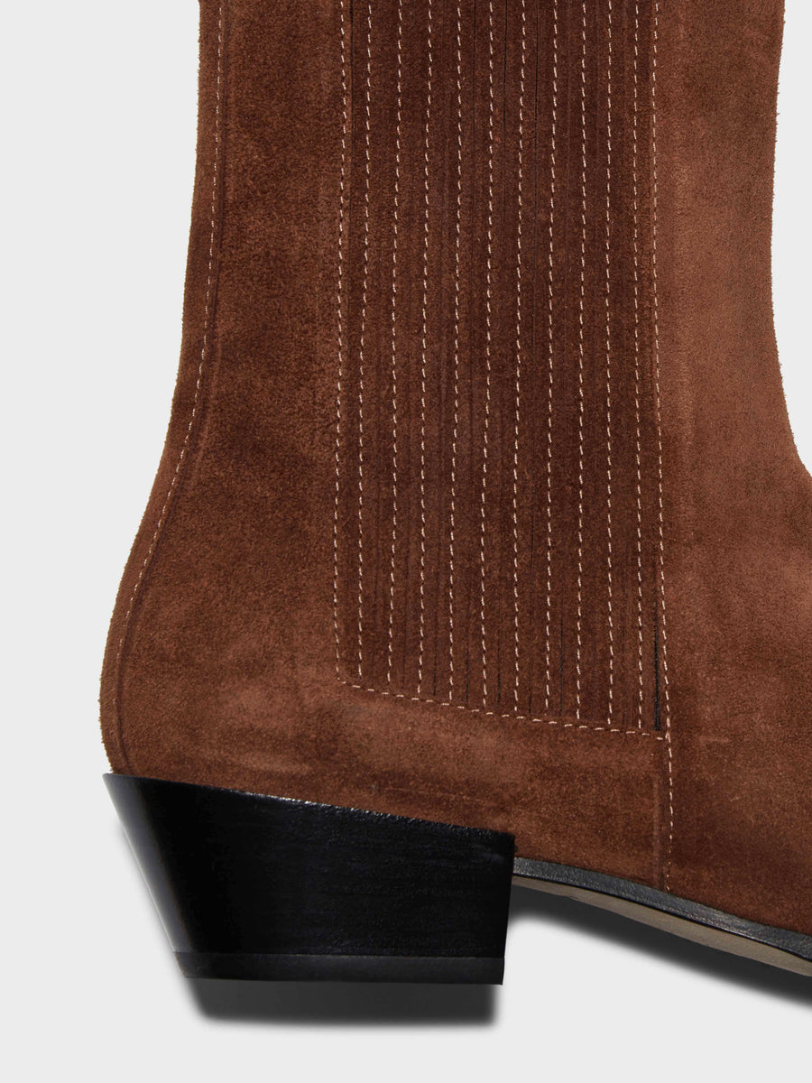 Aeyde | Belinda Suede Cowboy Boots Leather Ankle Boots for Women | Brown Suede | Pointed Toe | Low Heel | Heel Details