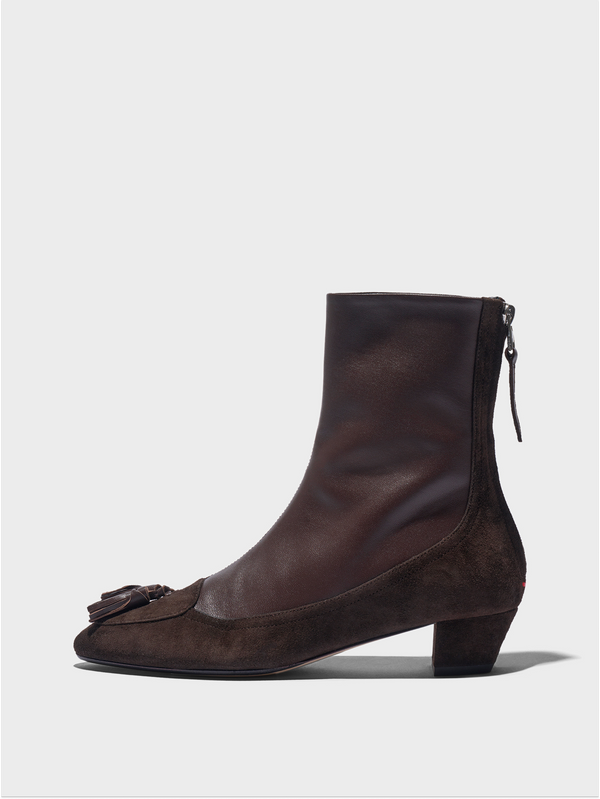 Aeyde | Betsy Tassel Ankle Boots Leather Ankle Boots for Women | Moka Nappa/Suede | Round Toe | Mid Heel | Side View