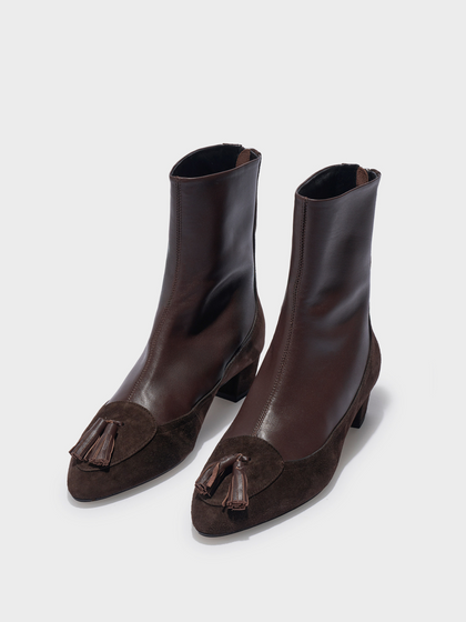 Aeyde | Betsy Tassel Ankle Boots Leather Ankle Boots for Women | Moka Nappa/Suede | Round Toe | Mid Heel | Luxury Materials | Handmade in Italy
