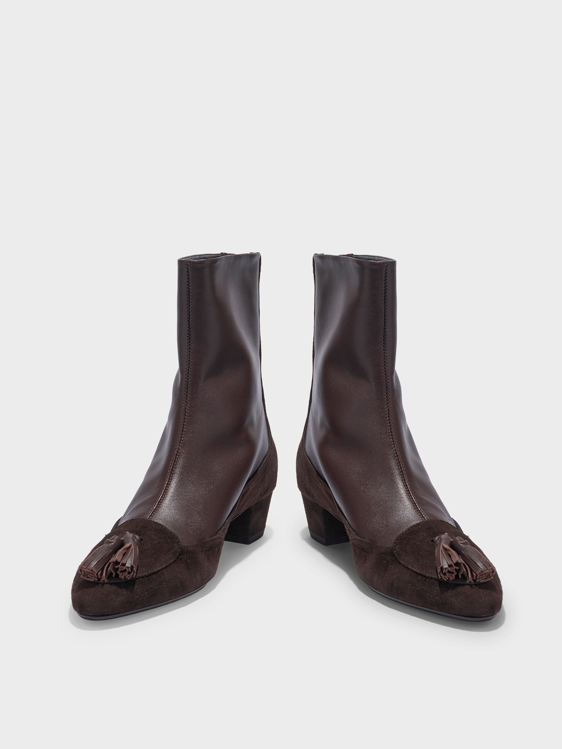 Aeyde | Betsy Tassel Ankle Boots Leather Ankle Boots for Women | Moka Nappa/Suede | Round Toe | Mid Heel | Front View