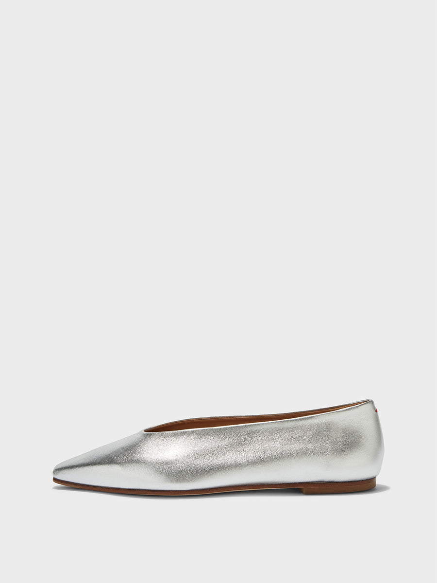 Aeyde | Betty Leather Square-Toe Ballet Flats Leather Flats, Ballerina for Women | Silver Nappa | Pointed Toe | Flat Heel | Side View
