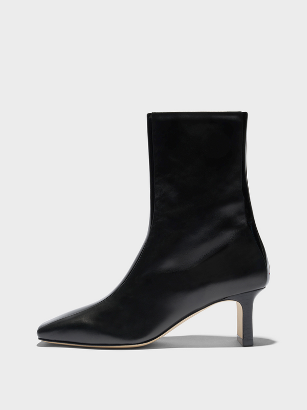 Aeyde | Billie Stripe Leather Ankle Boots for Women | Black Calf/Patent | Square Toe | Mid Heel | Side View