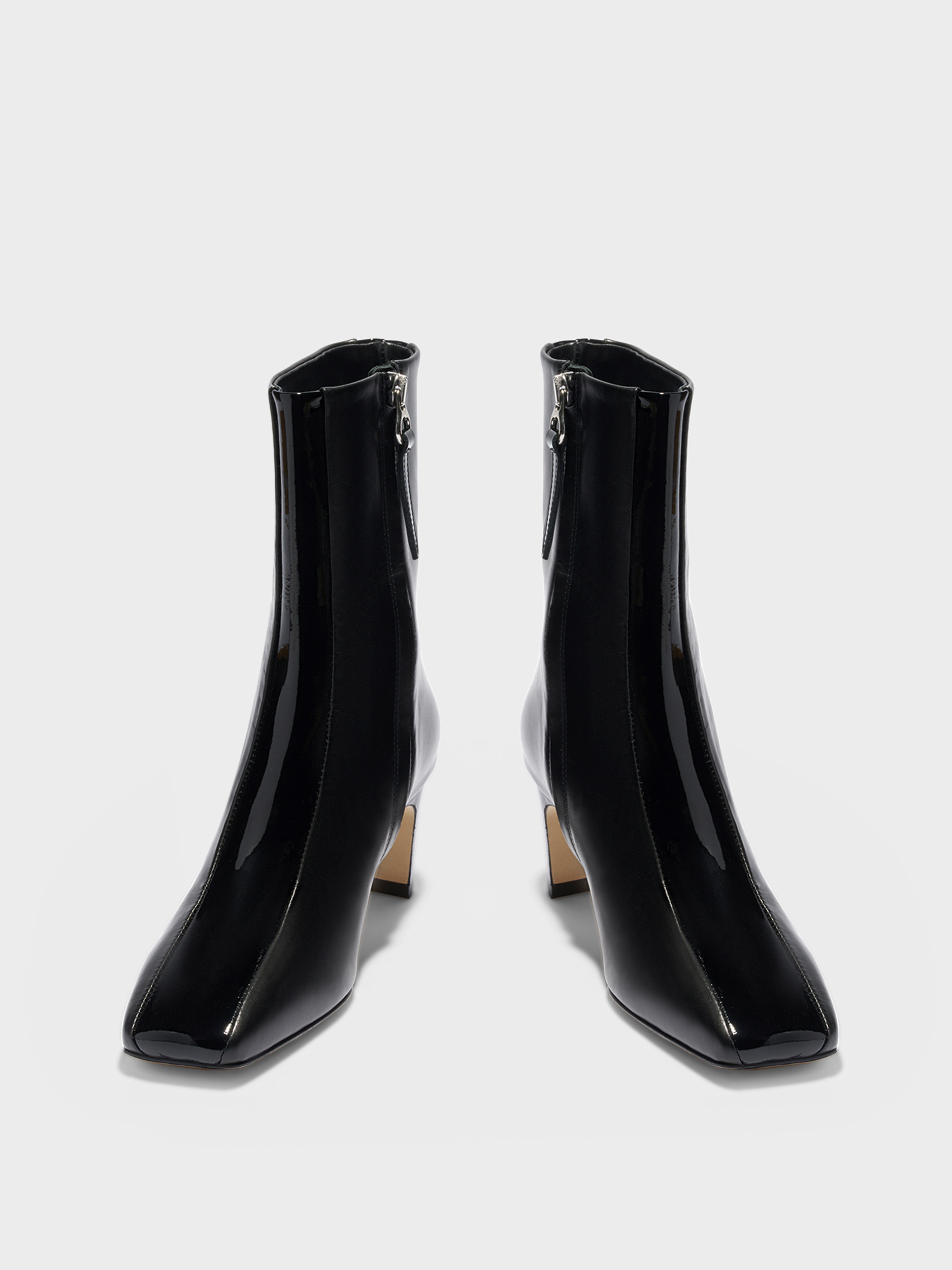 Aeyde | Billie Stripe Leather Ankle Boots for Women | Black Calf/Patent | Square Toe | Mid Heel | Heel Details