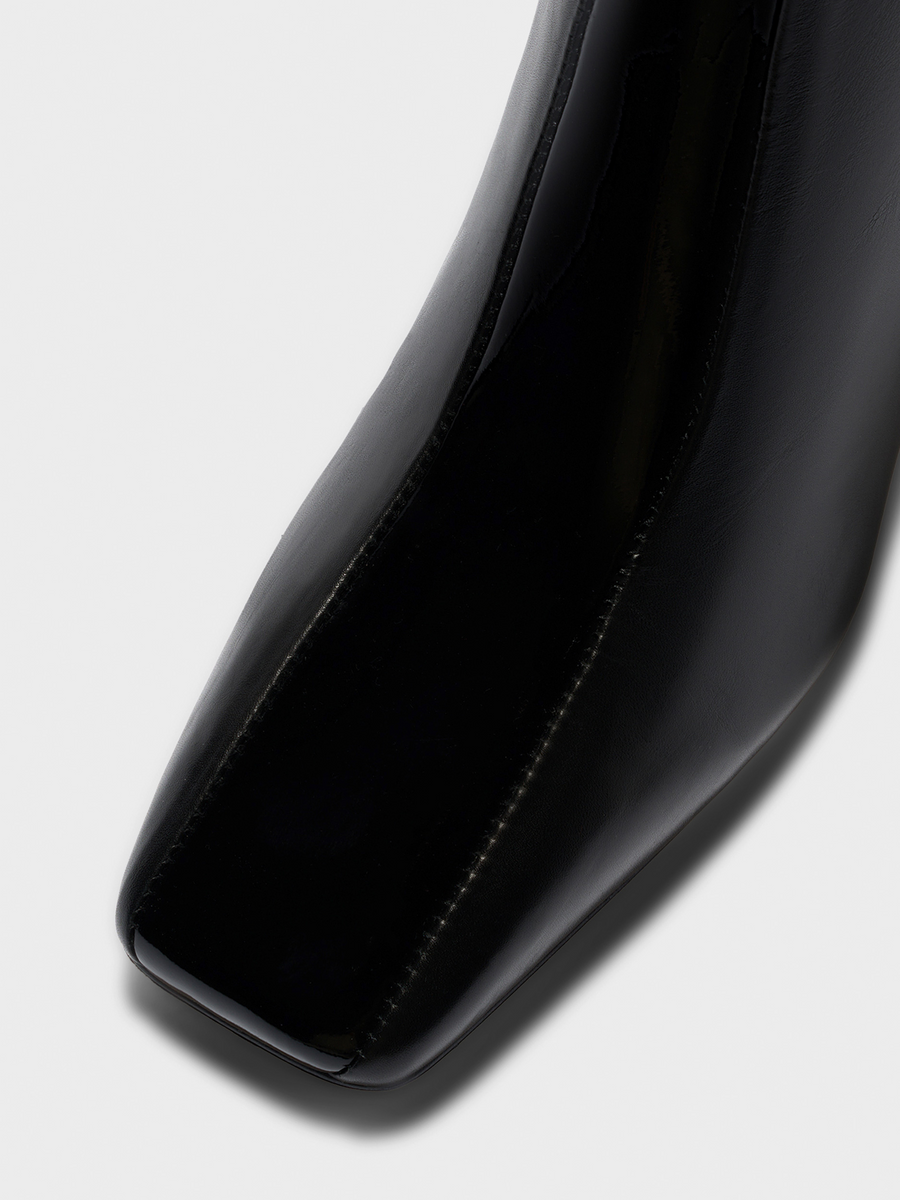 Aeyde | Billie Stripe Leather Ankle Boots for Women | Black Calf/Patent | Square Toe | Mid Heel | Front View