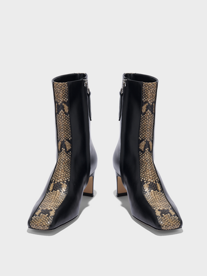Aeyde | Billie Stripe Leather Ankle Boots for Women | Black/Hazelnut Calf/Snake | Square Toe | Mid Heel | Heel Details