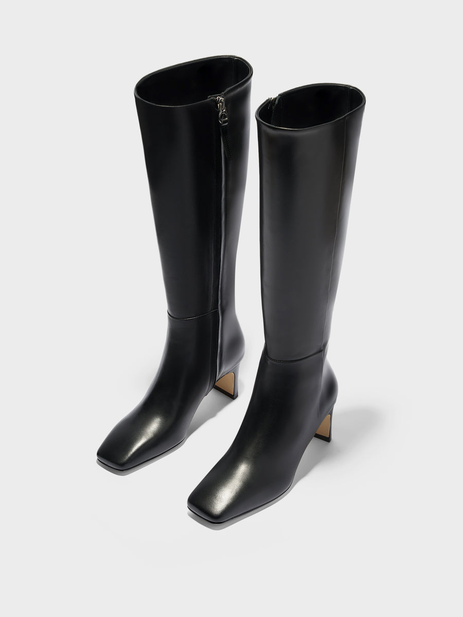 Aeyde | Bita Knee-High Boots Leather Knee High Boots for Women | Black Calf | Square Toe | Mid Heel | Luxury Materials | Handmade in Italy