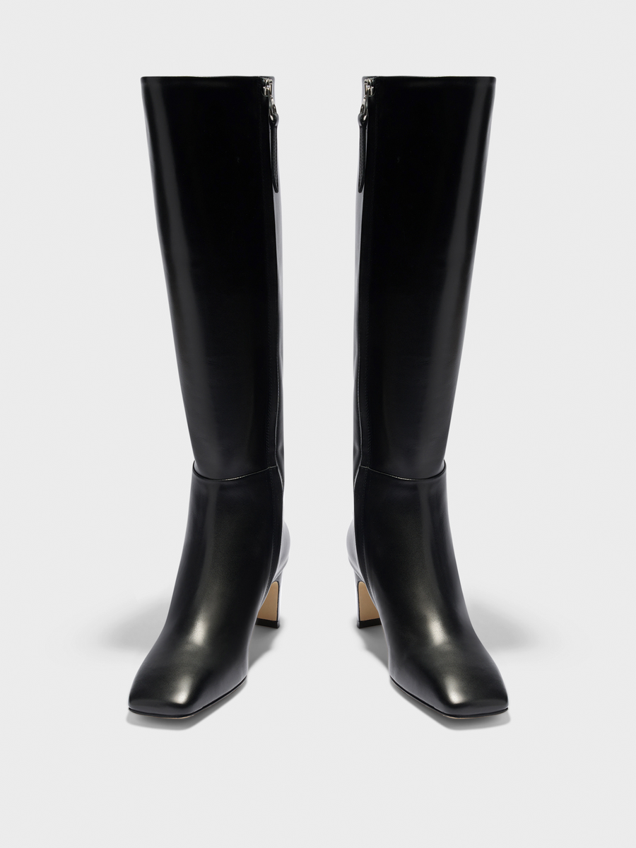 Aeyde | Bita Knee-High Boots Leather Knee High Boots for Women | Black Calf | Square Toe | Mid Heel | Heel Details
