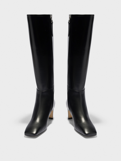 Aeyde | Bita Knee-High Boots Leather Knee High Boots for Women | Black Calf | Square Toe | Mid Heel | Heel Details