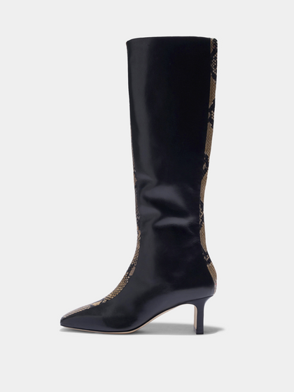 Aeyde | Bita Stripe Leather Knee High Boots for Women | Black/Hazelnut Calf/Snake | Square Toe | Mid Heel | Side View