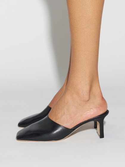 Aeyde | Blithe Square-Toe Mules Leather Pumps for Women | Black Nappa | Square Toe | Mid Heel | How to Style