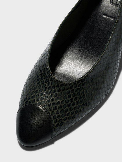 Aeyde | Calea Cap Leather Pumps for Women | Moss/Black Mini Snake/Nappa | Round Toe | Mid Heel | Heel Details