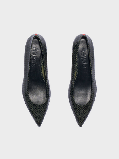Aeyde | Cari Pointed-Toe Pumps Leather Pumps for Women | Moss Mini Snake | Pointed Toe | Low Heel | Front View