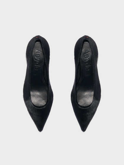 Aeyde | Cari Pony Hair Pumps Leather Pumps for Women | Black Ponyhair | Pointed Toe | Low Heel | Heel Details