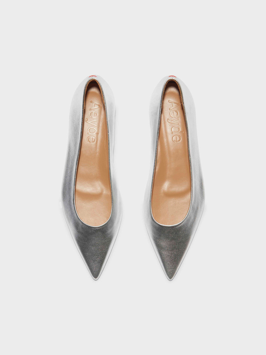 Aeyde | Cassy Leather Ballet Flats Leather Flats for Women | Silver Nappa | Pointed Toe | Flat Heel | Front View