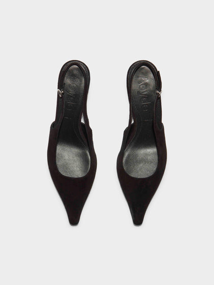 Aeyde | Catrina Suede Slingback Pumps Leather Pumps for Women | Black Suede | Pointed Toe | Low Heel | Front View