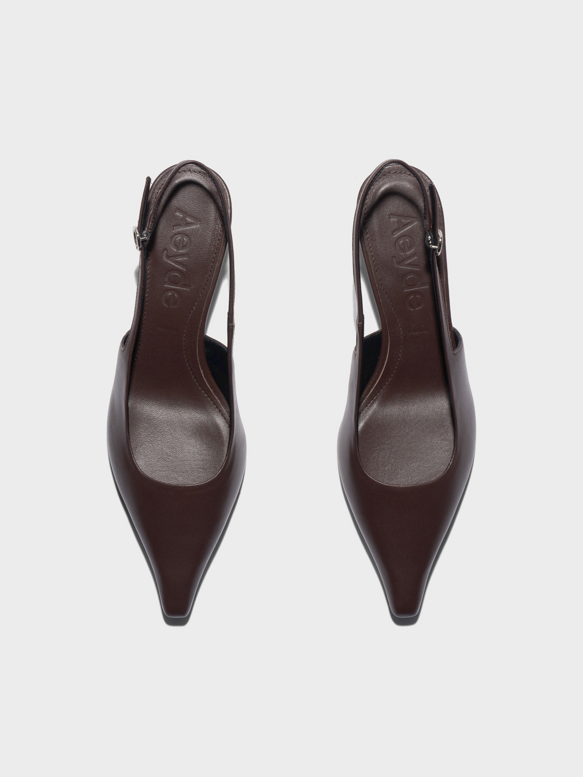 Aeyde | Catrina Leather Pumps for Women | Moka Nappa | Pointed Toe | Mid Heel | Front View
