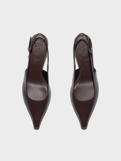 Aeyde | Catrina Leather Pumps for Women | Moka Nappa | Pointed Toe | Mid Heel | Front View