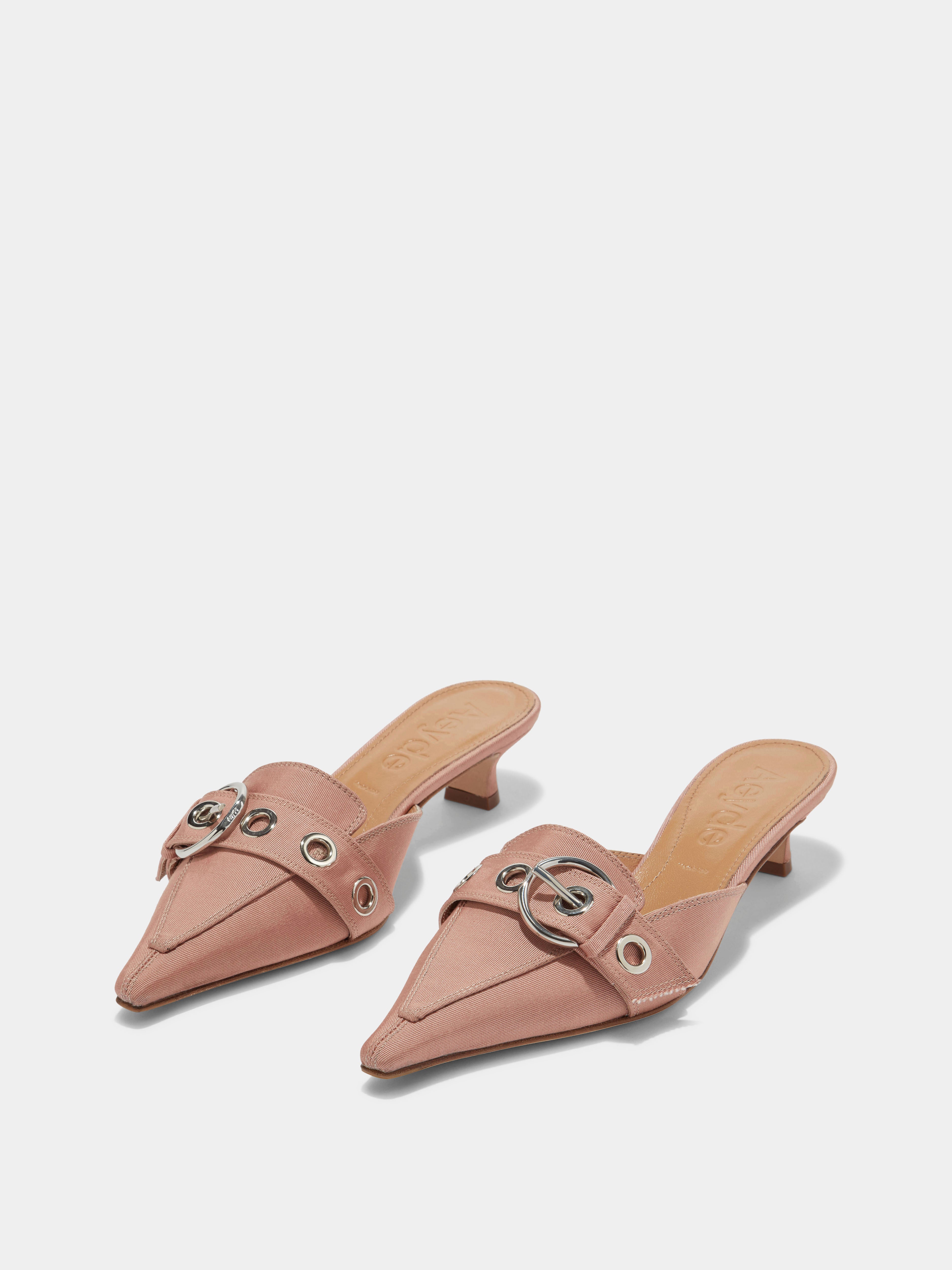 Aeyde | Danielle Grosgrain Mules Leather Pumps for Women | Coral Grosgrain | Pointed Toe | Low Heel | On Feet