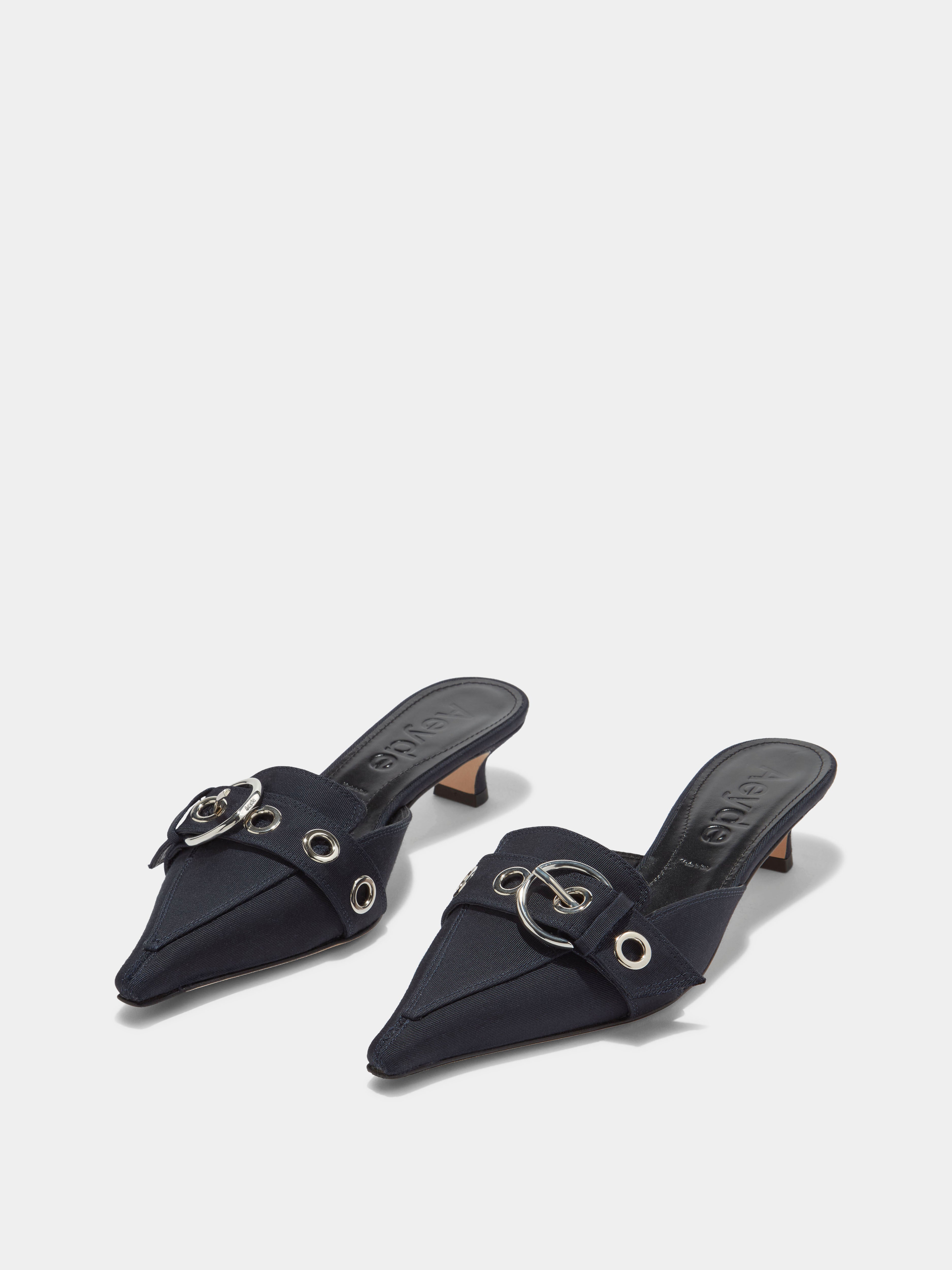 Aeyde | Danielle Grosgrain Mules Leather Pumps for Women | Navy Grosgrain | Pointed Toe | Low Heel | On Feet