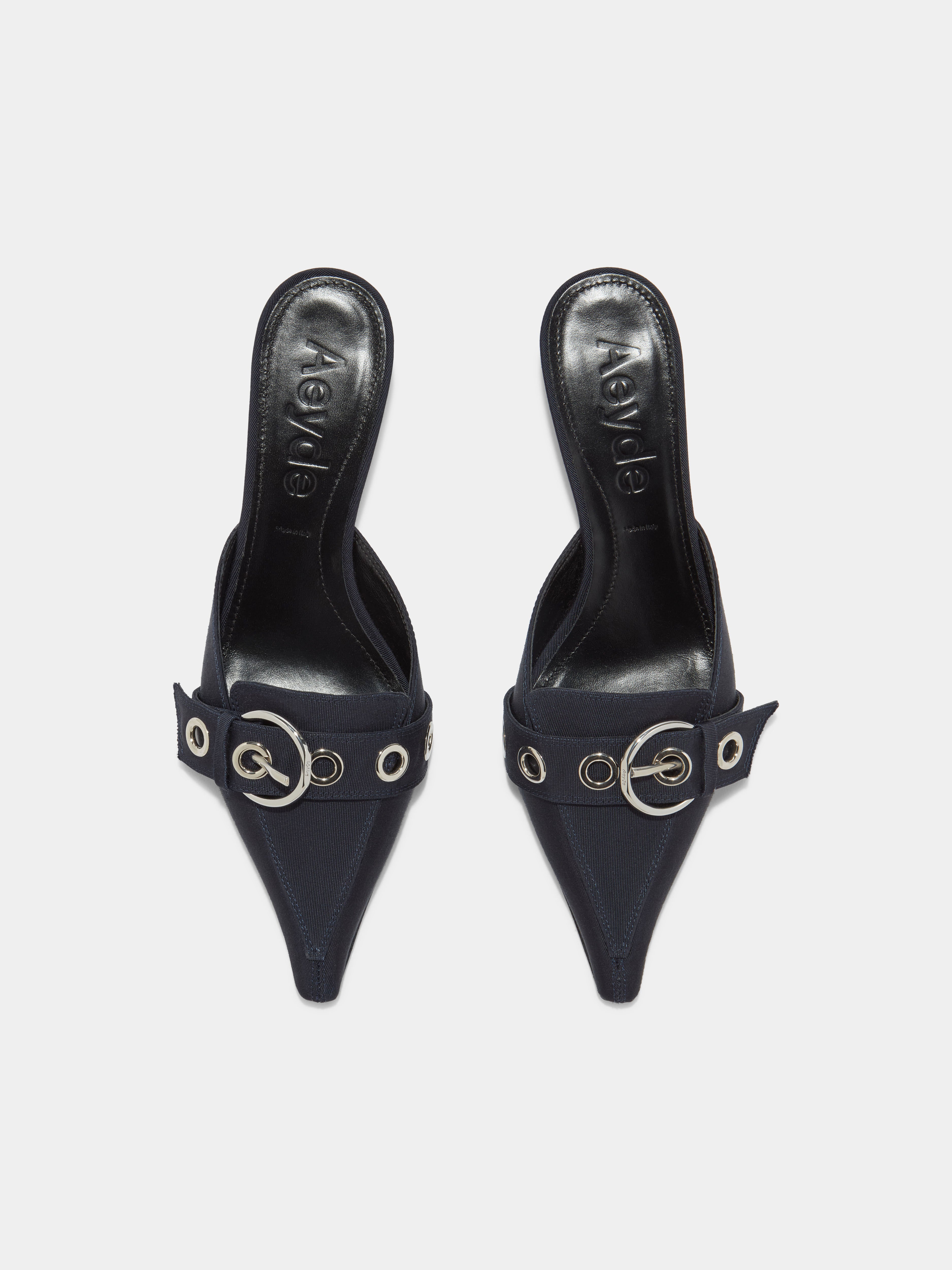 Aeyde | Danielle Grosgrain Mules Leather Pumps for Women | Navy Grosgrain | Pointed Toe | Low Heel | Front View