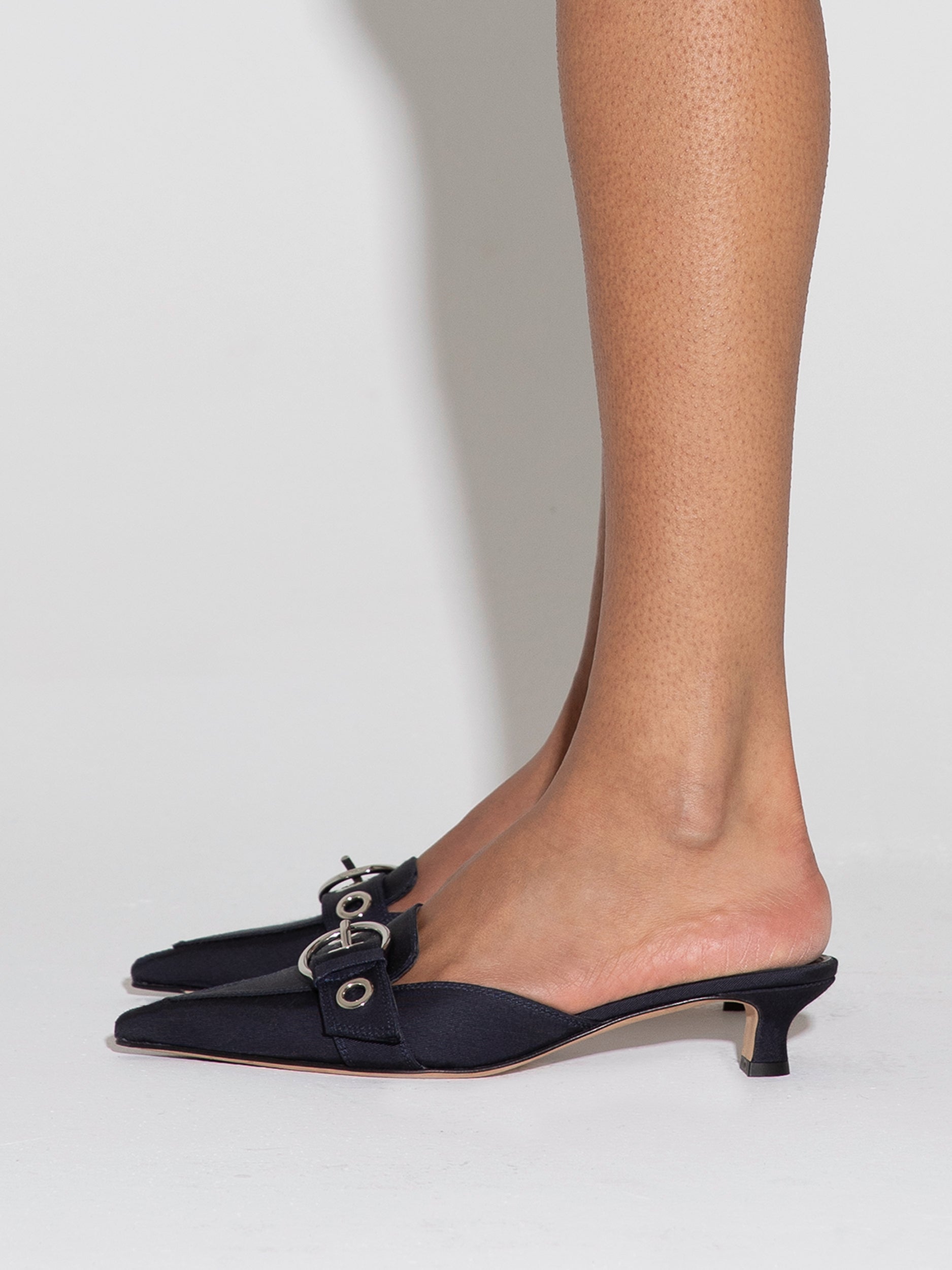 Aeyde | Danielle Grosgrain Mules Leather Pumps for Women | Navy Grosgrain | Pointed Toe | Low Heel | How to Style