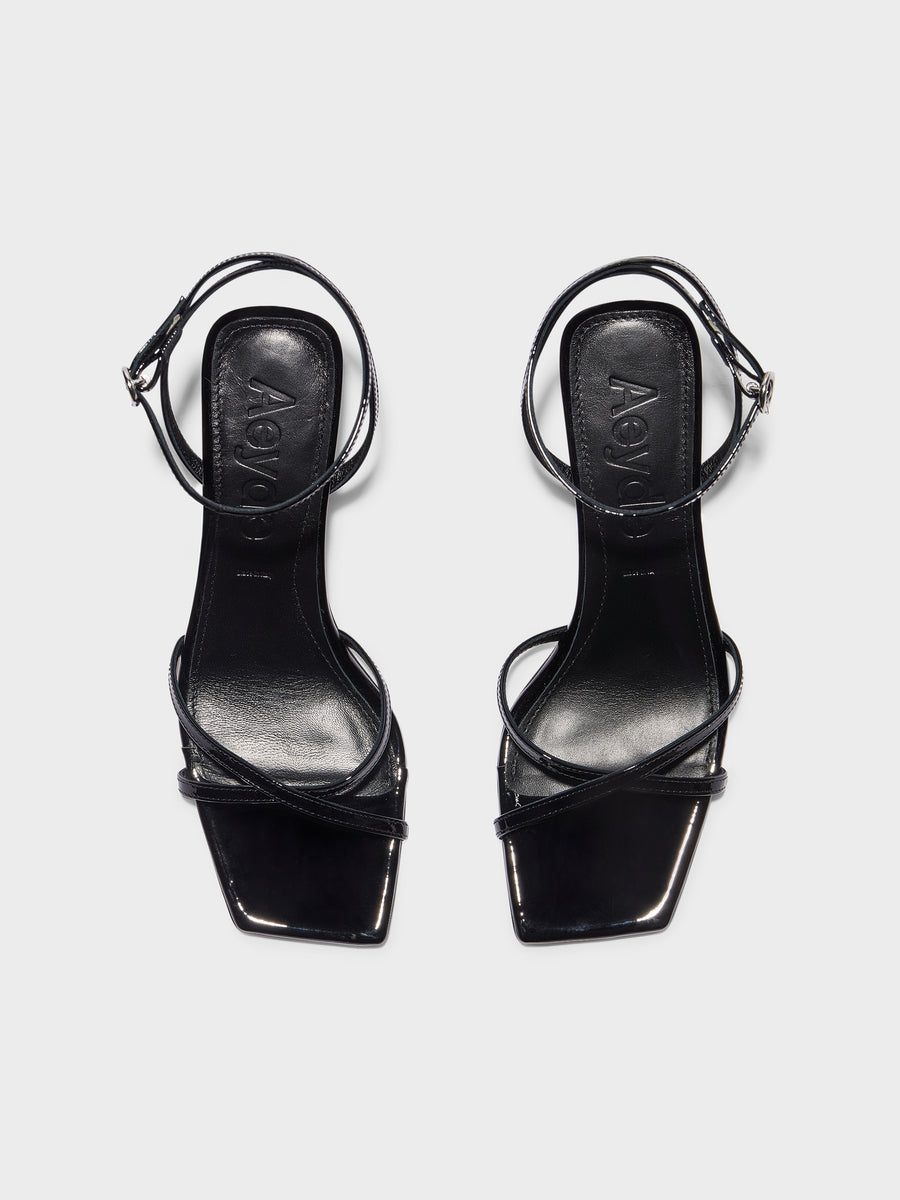 Aeyde | Edith Leather Heeled Sandals for Women | Black Patent | Square Toe | Mid Heel | Front View