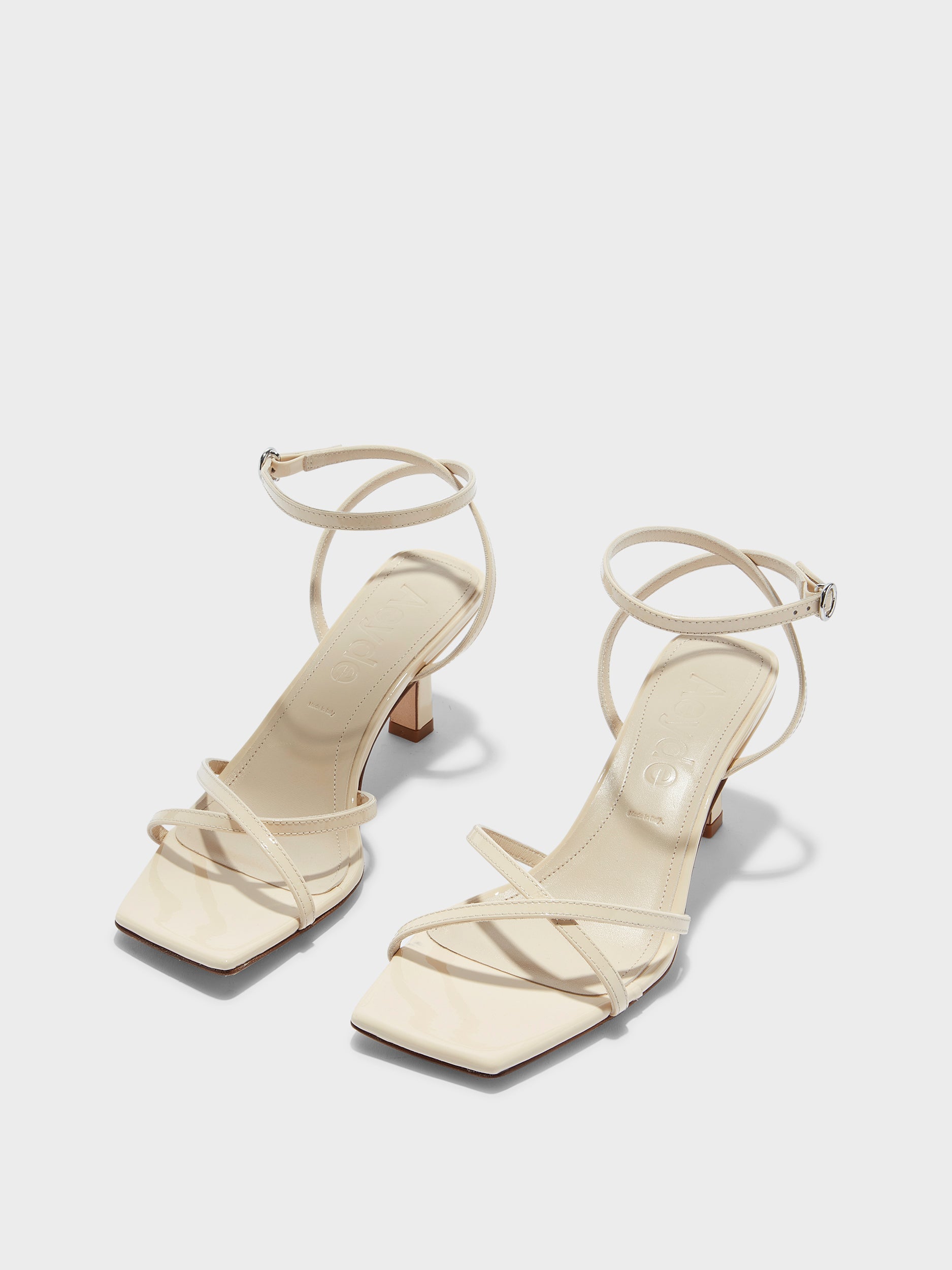 Aeyde | Edith Leather Heeled Sandals for Women | Creamy Patent | Square Toe | Mid Heel | Luxury Materials | Handmade in Italy