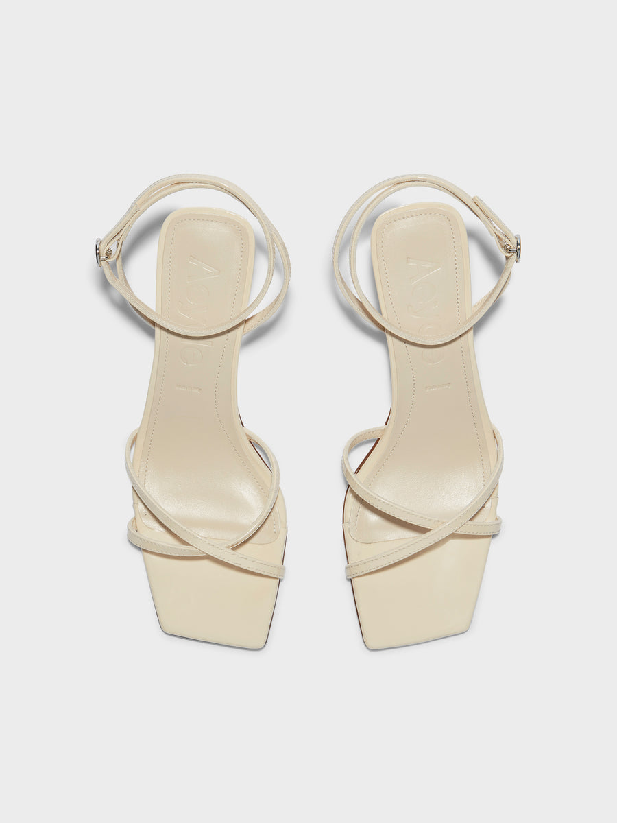 Aeyde | Edith Leather Heeled Sandals for Women | Creamy Patent | Square Toe | Mid Heel | Front View