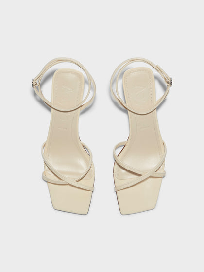 Aeyde | Edith Leather Heeled Sandals for Women | Creamy Patent | Square Toe | Mid Heel | Front View