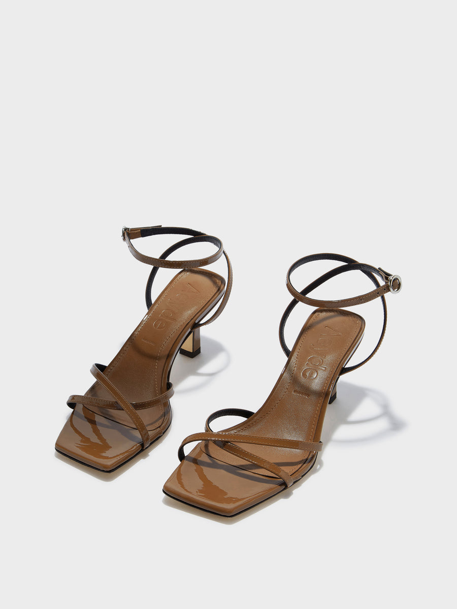 Aeyde | Edith Leather Heeled Sandals for Women | Tobacco Patent | Square Toe | Mid Heel | Luxury Materials | Handmade in Italy