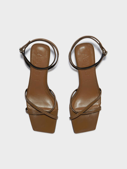 Aeyde | Edith Leather Heeled Sandals for Women | Tobacco Patent | Square Toe | Mid Heel | Front View