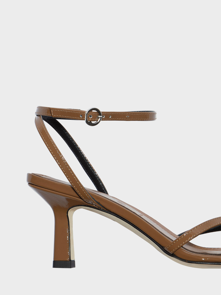 Aeyde | Edith Leather Heeled Sandals for Women | Tobacco Patent | Square Toe | Mid Heel | Heel Details