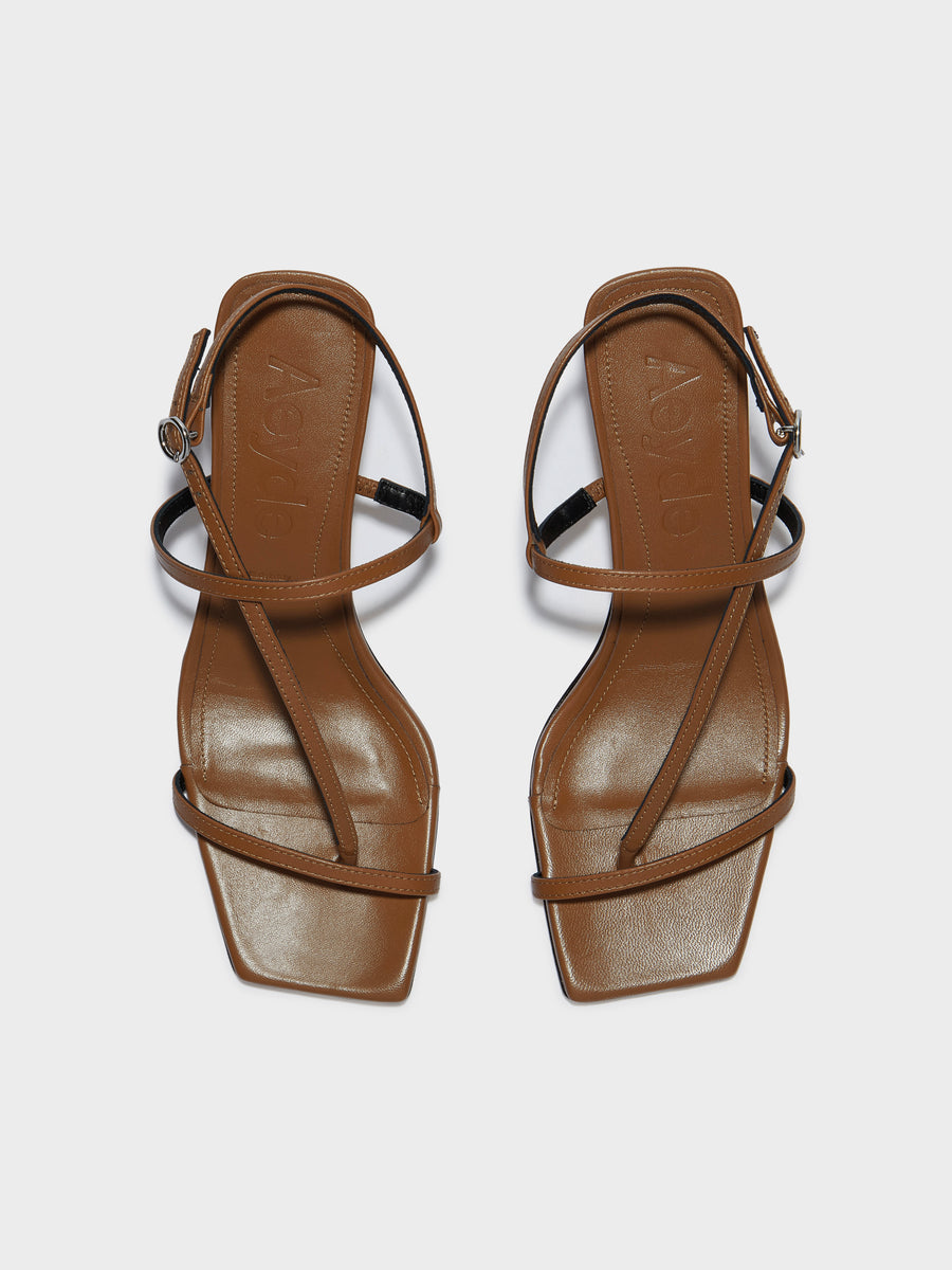 Aeyde | Elise Leather Heeled Sandals for Women | Tobacco Nappa | Square Toe | Mid Heel | Front View