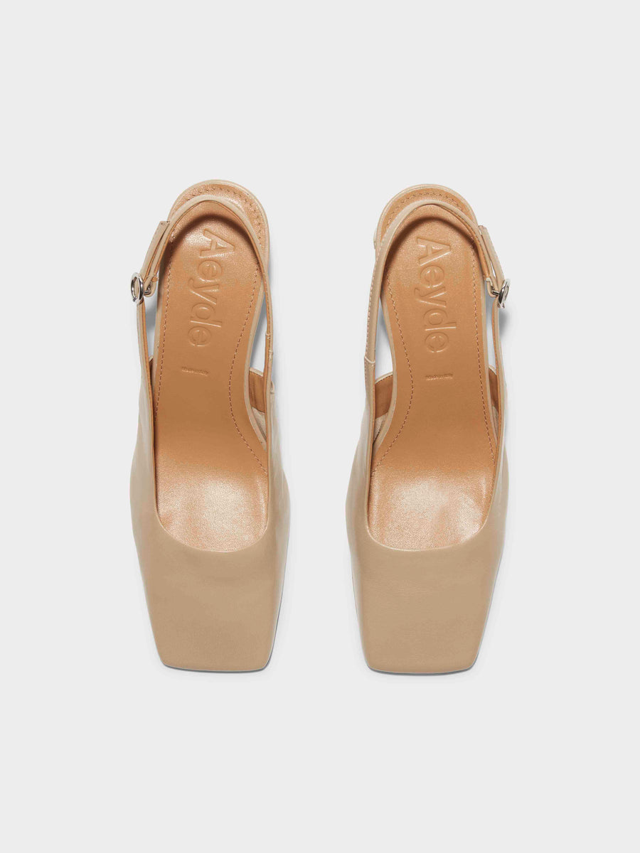 Aeyde | Eliza Leather Slingback Pumps Leather Pumps for Women | Latte Nappa | Square Toe | Mid Heel | Front View