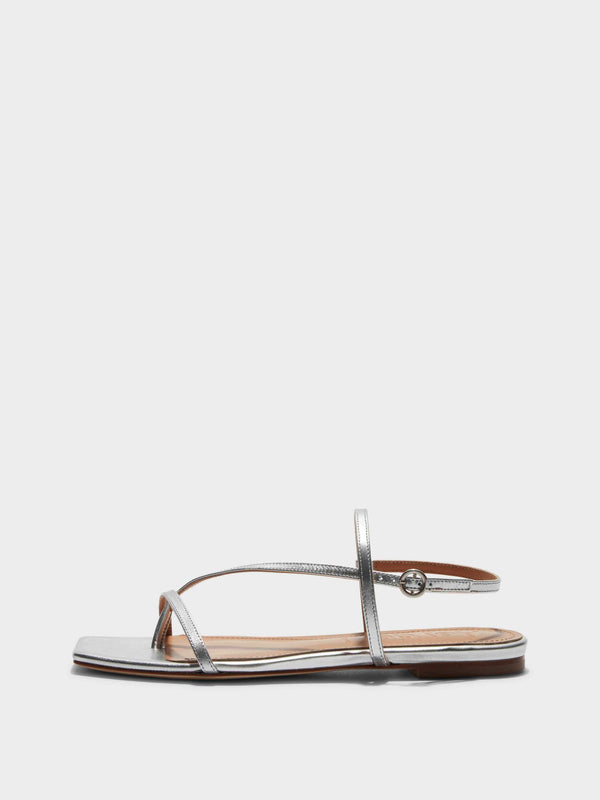 Aeyde | Ella Leather Flat Sandals for Women | Silver Nappa | Square Toe | Flat Heel | Side View [x=50,y=85]