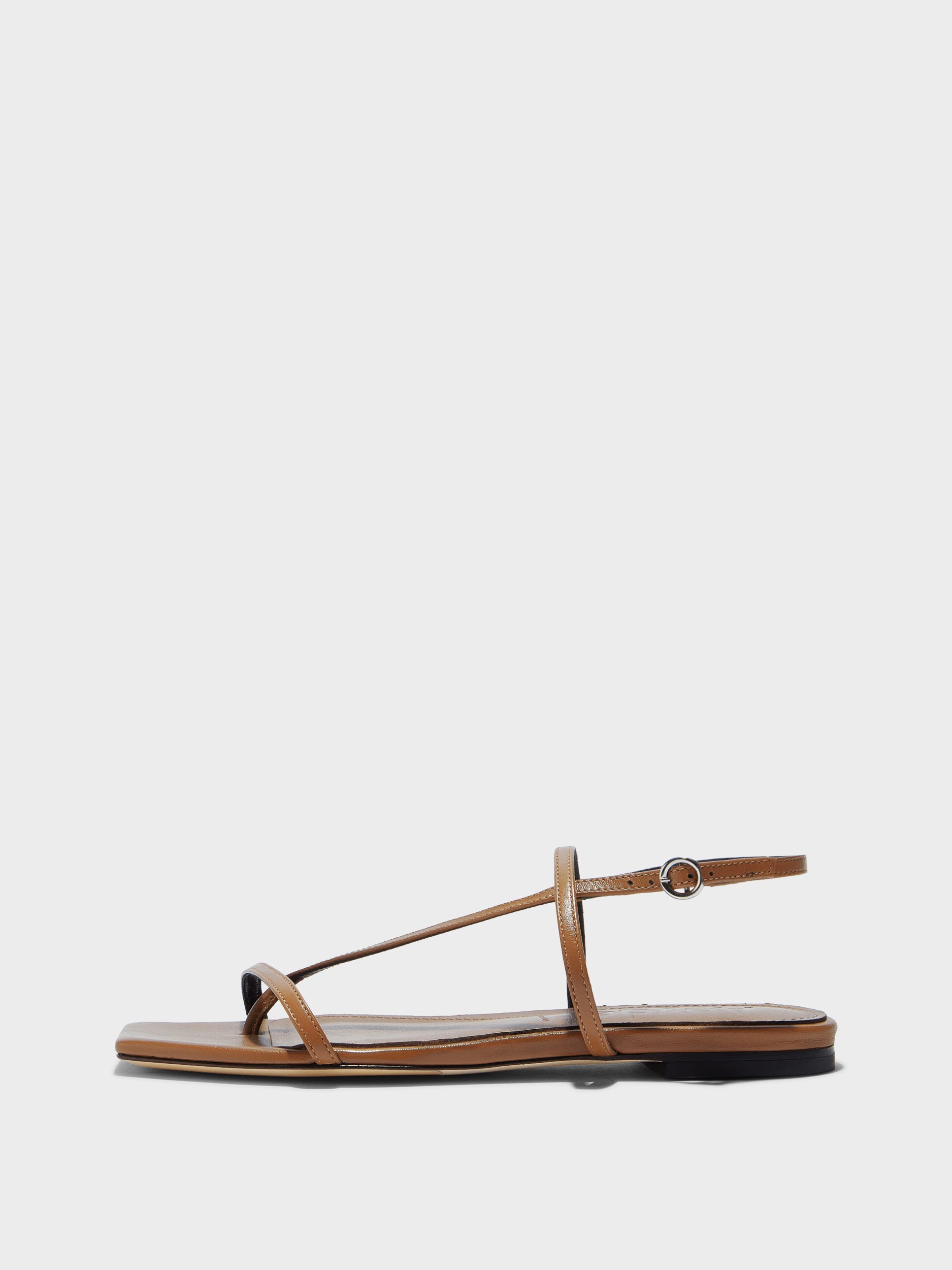 Aeyde | Ella Leather Flat Sandals for Women | Tobacco Nappa | Square Toe | Flat Heel | Side View